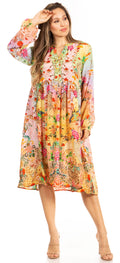 Sakkas Jules Women's Boho Long Sleeve Split Neck Floral Midi Dress Loose Cocktail#color_577-Pink