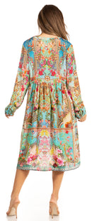Sakkas Jules Women's Boho Long Sleeve Split Neck Floral Midi Dress Loose Cocktail