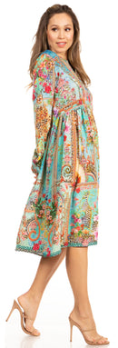 Sakkas Jules Women's Boho Long Sleeve Split Neck Floral Midi Dress Loose Cocktail