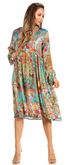 Sakkas Jules Women's Boho Long Sleeve Split Neck Floral Midi Dress Loose Cocktail