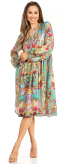 Sakkas Jules Women's Boho Long Sleeve Split Neck Floral Midi Dress Loose Cocktail