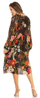 Sakkas Jules Women's Boho Long Sleeve Split Neck Floral Midi Dress Loose Cocktail