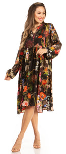 Sakkas Jules Women's Boho Long Sleeve Split Neck Floral Midi Dress Loose Cocktail