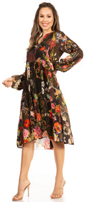Sakkas Jules Women's Boho Long Sleeve Split Neck Floral Midi Dress Loose Cocktail