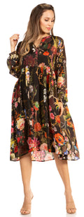 Sakkas Jules Women's Boho Long Sleeve Split Neck Floral Midi Dress Loose Cocktail#color_579-Black