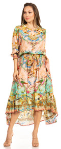 Sakkas Andreas Women's Maxi Long Sleeve Button Down Floral Ruffle Dress Pockets#color_589-Salmon