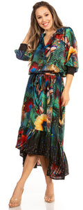 Sakkas Andreas Women's Maxi Long Sleeve Button Down Floral Ruffle Dress Pockets#color_590-Black
