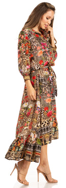 Sakkas Andreas Women's Maxi Long Sleeve Button Down Floral Ruffle Dress Pockets