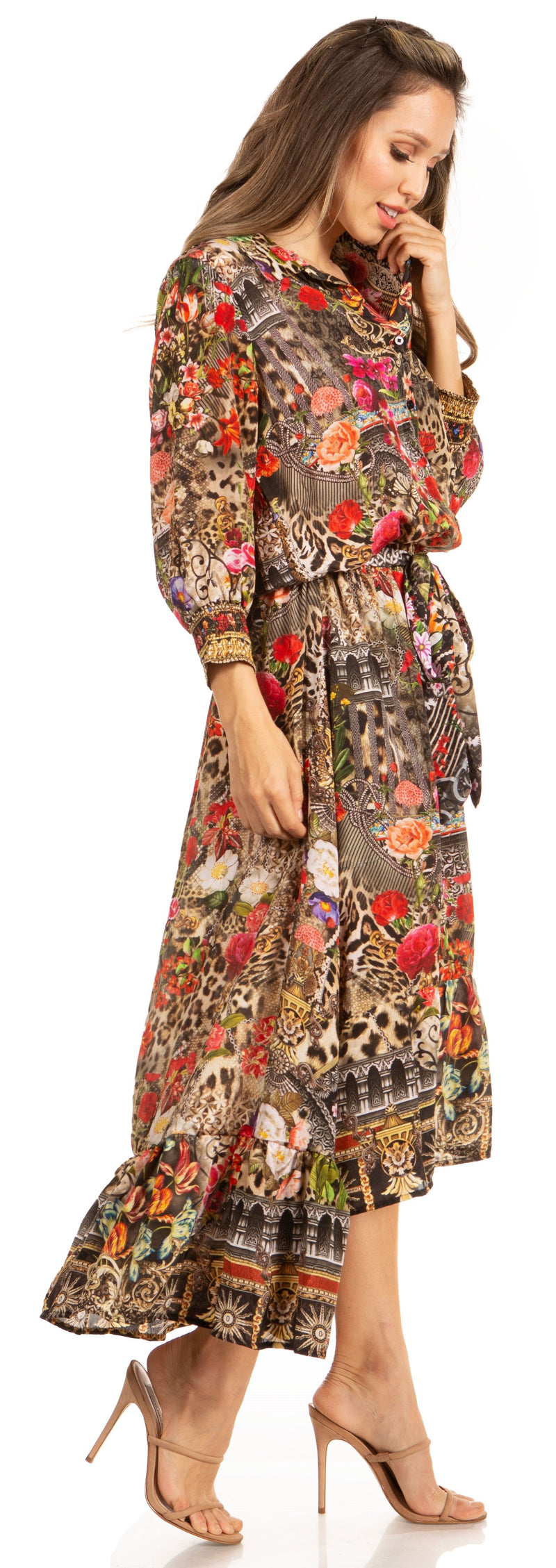 Sakkas Andreas Women's Maxi Long Sleeve Button Down Floral Ruffle Dress Pockets