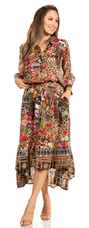 Sakkas Andreas Women's Maxi Long Sleeve Button Down Floral Ruffle Dress Pockets