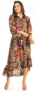 Sakkas Andreas Women's Maxi Long Sleeve Button Down Floral Ruffle Dress Pockets#color_591-Multi