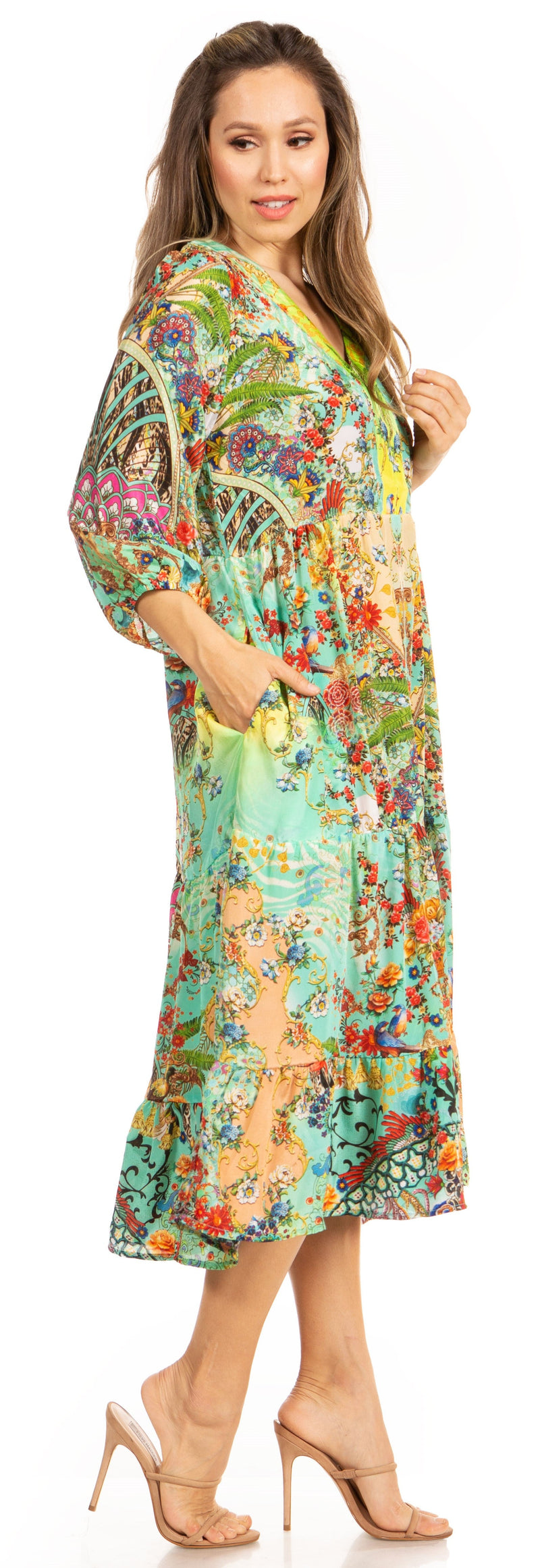 Sakkas Sole Women's Casual Boho Floral Print V neck Swing Long Sleeve Dress Midi