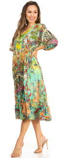 Sakkas Sole Women's Casual Boho Floral Print V neck Swing Long Sleeve Dress Midi