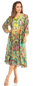 Sakkas Sole Women's Casual Boho Floral Print V neck Swing Long Sleeve Dress Midi