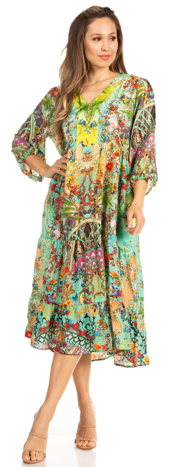 Sakkas Sole Women's Casual Boho Floral Print V neck Swing Long Sleeve Dress Midi#color_580-Turquoise