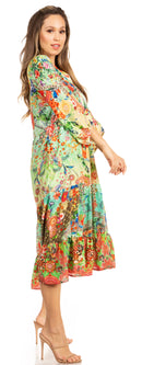 Sakkas Sole Women's Casual Boho Floral Print V neck Swing Long Sleeve Dress Midi