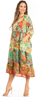 Sakkas Sole Women's Casual Boho Floral Print V neck Swing Long Sleeve Dress Midi