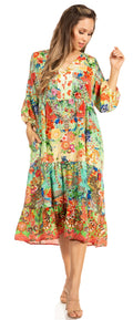 Sakkas Sole Women's Casual Boho Floral Print V neck Swing Long Sleeve Dress Midi#color_581-Green