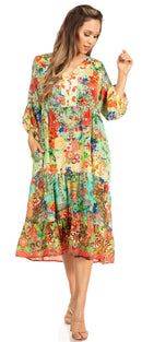 Sakkas Sole Women's Casual Boho Floral Print V neck Swing Long Sleeve Dress Midi