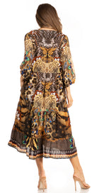 Sakkas Sole Women's Casual Boho Floral Print V neck Swing Long Sleeve Dress Midi