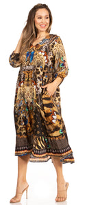 Sakkas Sole Women's Casual Boho Floral Print V neck Swing Long Sleeve Dress Midi