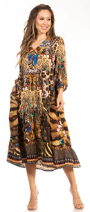 Sakkas Sole Women's Casual Boho Floral Print V neck Swing Long Sleeve Dress Midi