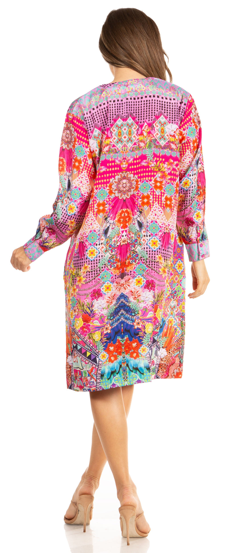 Sakkas Eloisa Women's Long Sleeve Swing Tunic Shift Dress Pockets Floral Print