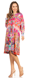 Sakkas Eloisa Women's Long Sleeve Swing Tunic Shift Dress Pockets Floral Print