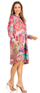 Sakkas Eloisa Women's Long Sleeve Swing Tunic Shift Dress Pockets Floral Print