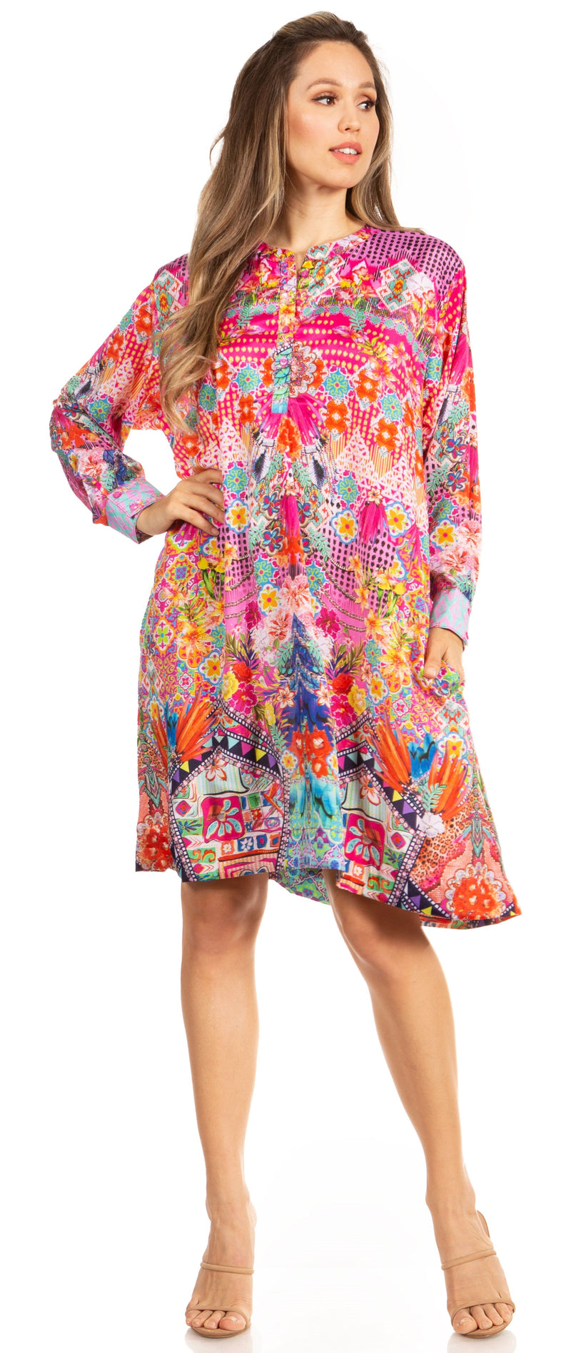 Sakkas Eloisa Women's Long Sleeve Swing Tunic Shift Dress Pockets Floral Print