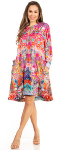 Sakkas Eloisa Women's Long Sleeve Swing Tunic Shift Dress Pockets Floral Print#color_574-Pink