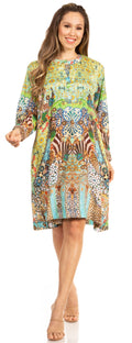 Sakkas Eloisa Women's Long Sleeve Swing Tunic Shift Dress Pockets Floral Print#color_575-Multi
