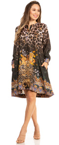 Sakkas Eloisa Women's Long Sleeve Swing Tunic Shift Dress Pockets Floral Print#color_576-Black