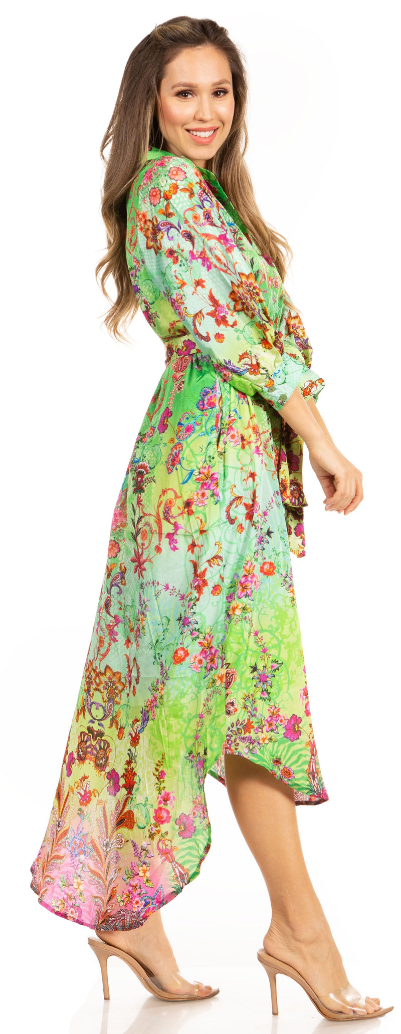 Sakkas Rina Women's Maxi Long Flounce Shirt Dress Floral Print Long Sleeves Button