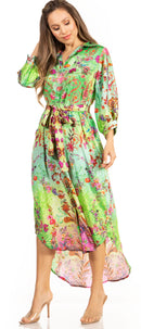 Sakkas Rina Women's Maxi Long Flounce Shirt Dress Floral Print Long Sleeves Button