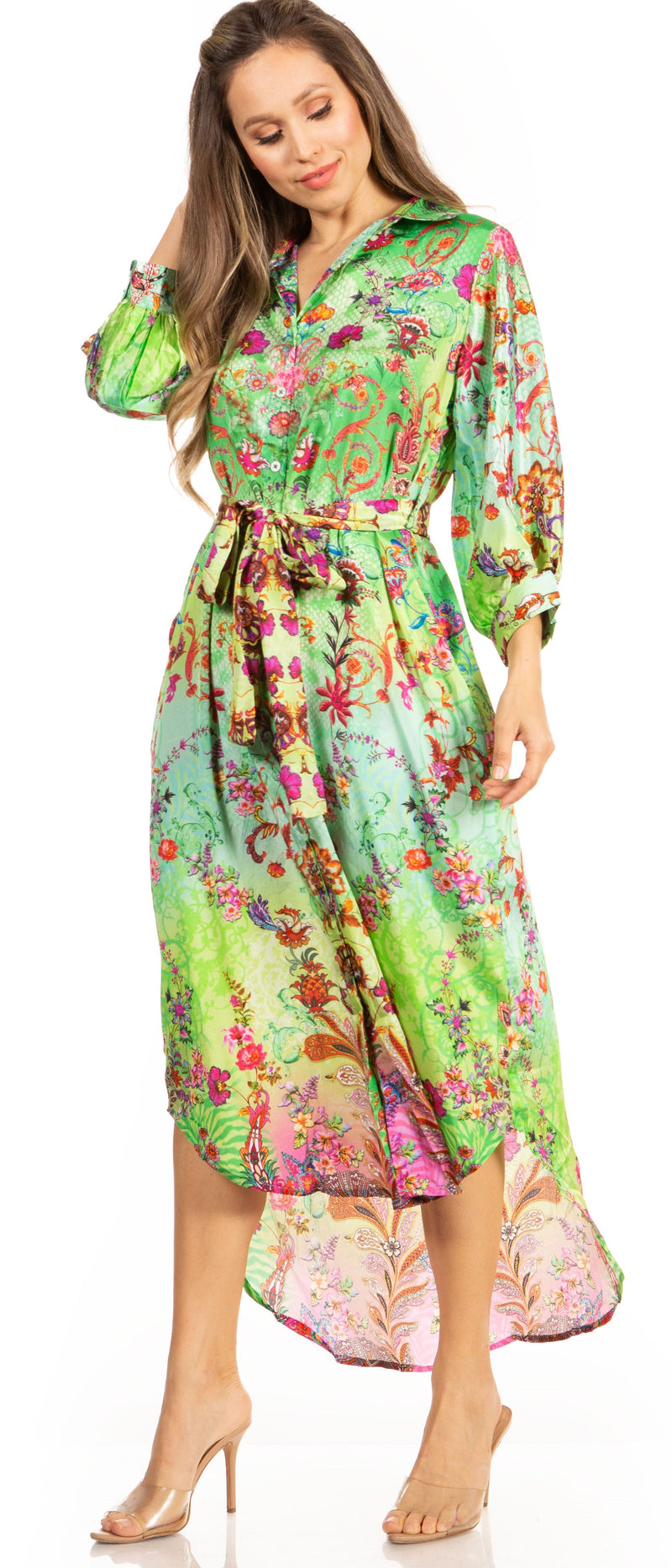 Sakkas Rina Women's Maxi Long Flounce Shirt Dress Floral Print Long Sleeves Button