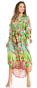 Sakkas Rina Women's Maxi Long Flounce Shirt Dress Floral Print Long Sleeves Button