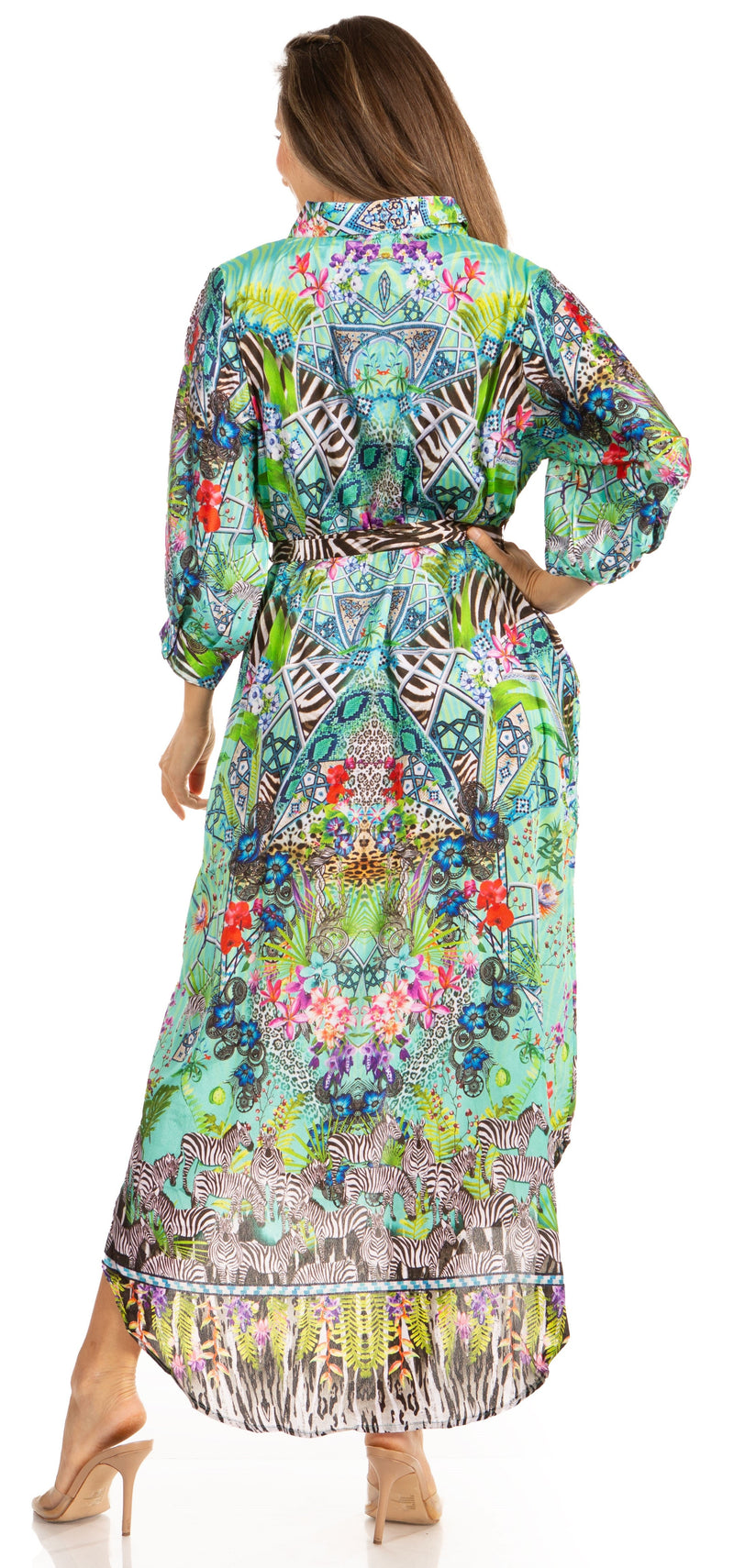 Sakkas Rina Women's Maxi Long Flounce Shirt Dress Floral Print Long Sleeves Button