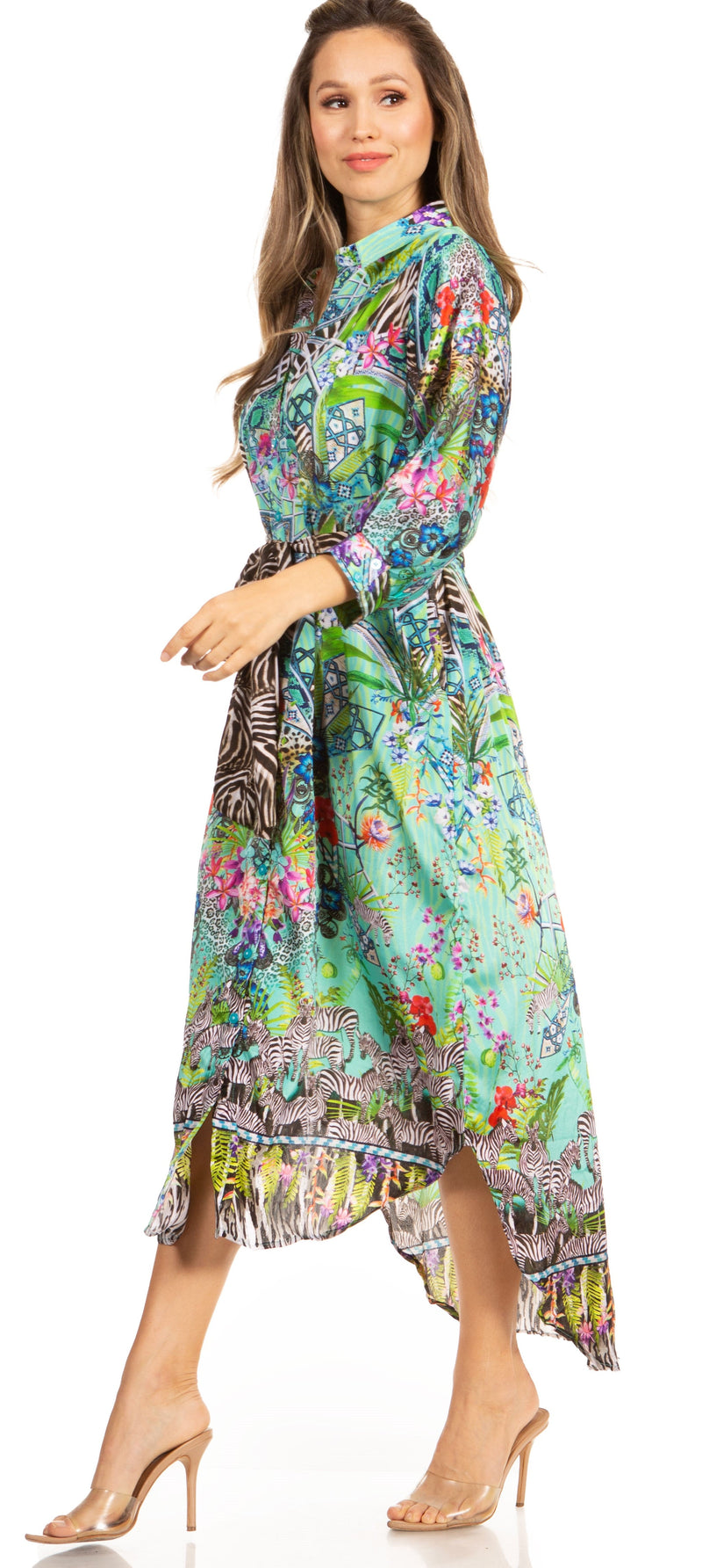 Sakkas Rina Women's Maxi Long Flounce Shirt Dress Floral Print Long Sleeves Button