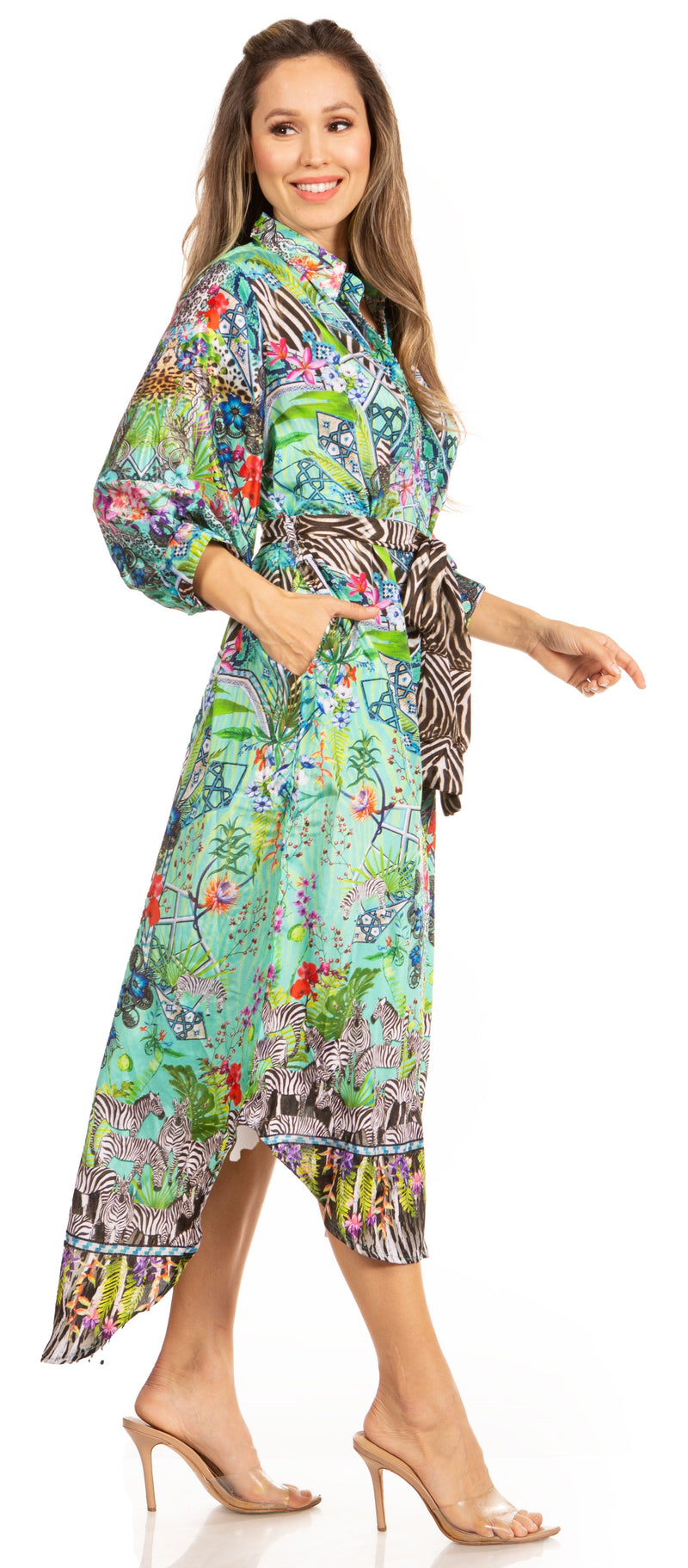 Sakkas Rina Women's Maxi Long Flounce Shirt Dress Floral Print Long Sleeves Button
