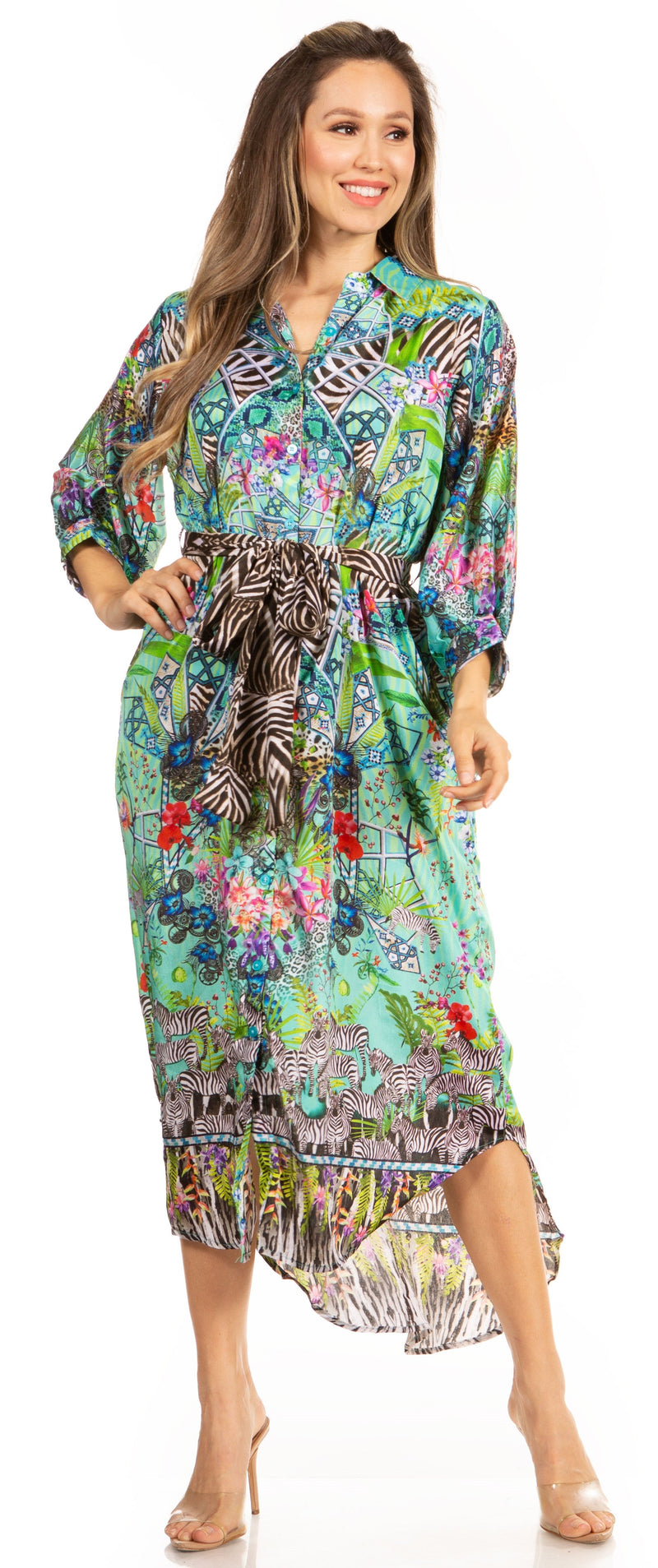 Sakkas Rina Women's Maxi Long Flounce Shirt Dress Floral Print Long Sleeves Button