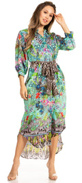 Sakkas Rina Women's Maxi Long Flounce Shirt Dress Floral Print Long Sleeves Button#color_602-Turquoise