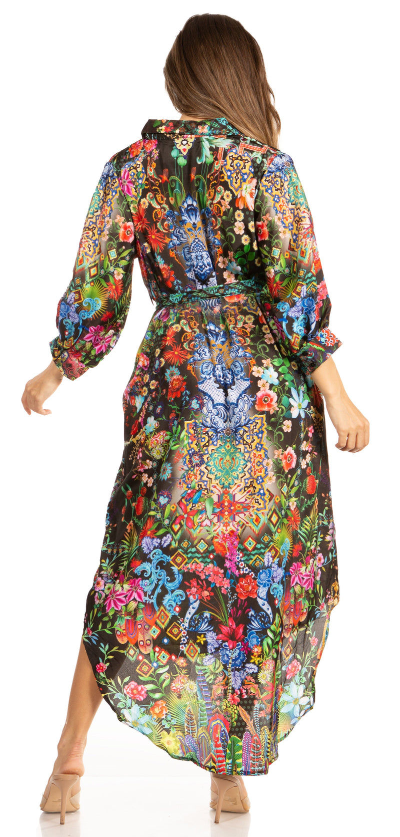 Sakkas Rina Women's Maxi Long Flounce Shirt Dress Floral Print Long Sleeves Button