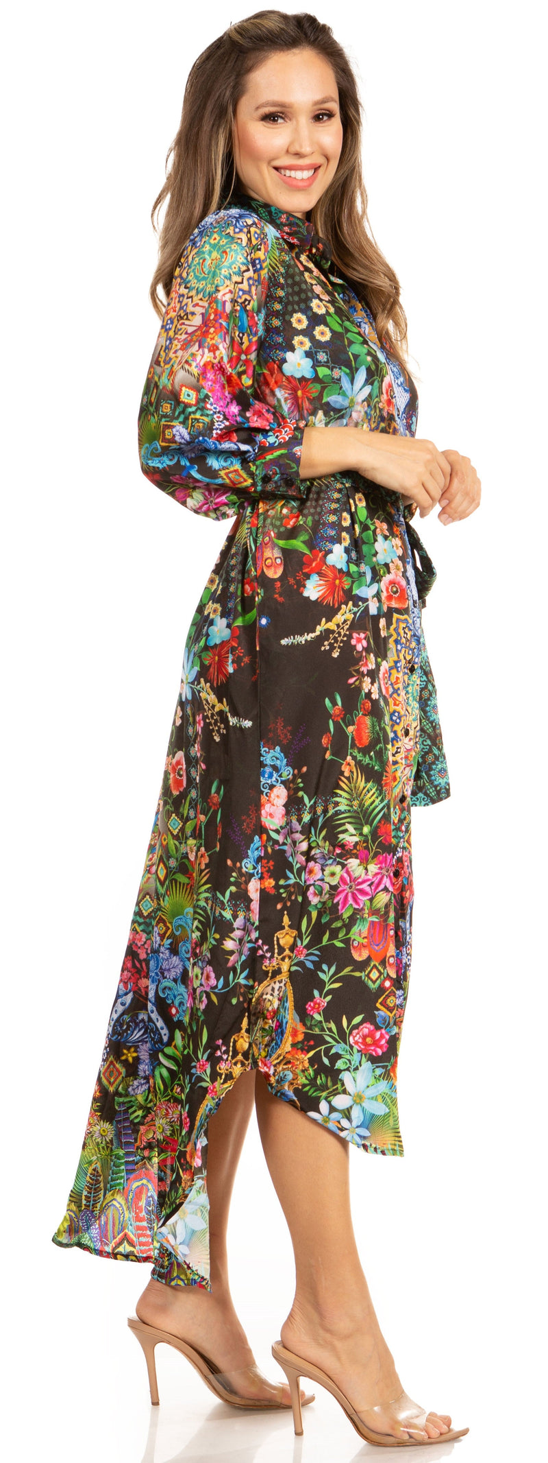 Sakkas Rina Women's Maxi Long Flounce Shirt Dress Floral Print Long Sleeves Button