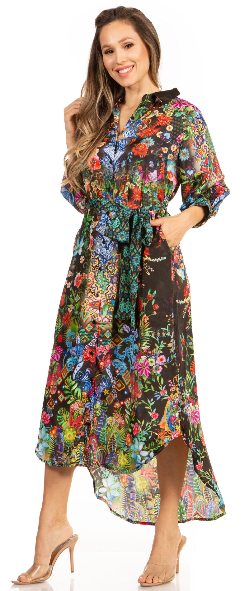 Sakkas Rina Women's Maxi Long Flounce Shirt Dress Floral Print Long Sleeves Button