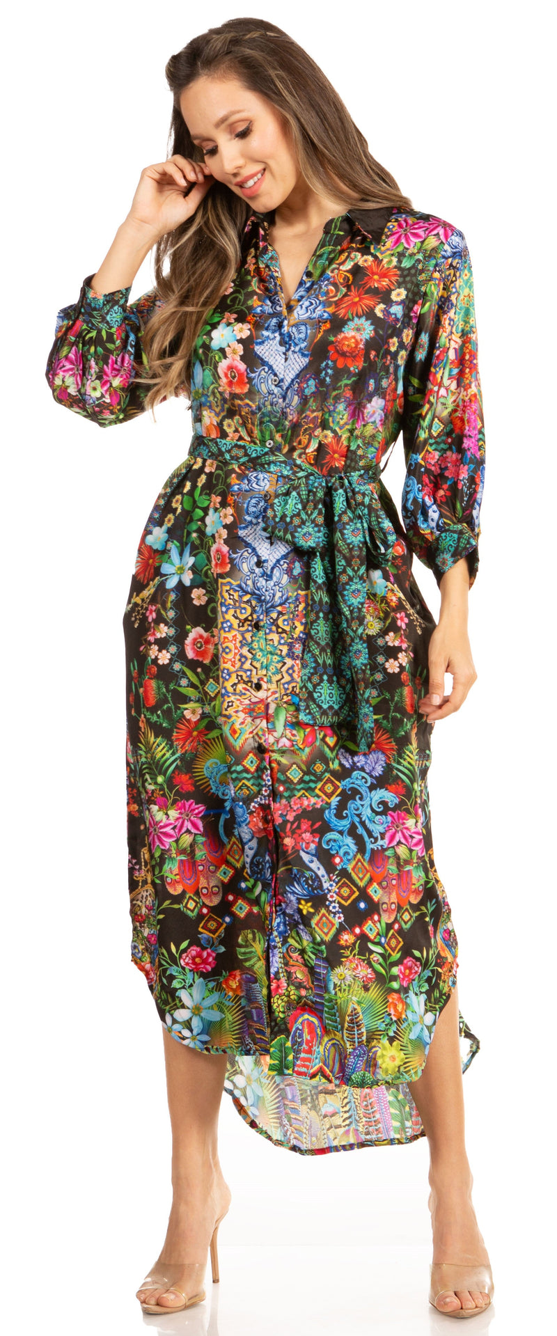 Sakkas Rina Women's Maxi Long Flounce Shirt Dress Floral Print Long Sleeves Button