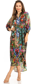 Sakkas Rina Women's Maxi Long Flounce Shirt Dress Floral Print Long Sleeves Button#color_603-Black