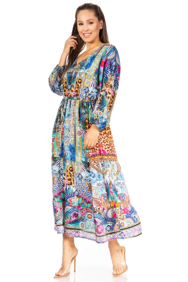 Sakkas Katty Women's V Neck Midi Casual Boho Maxi Long Sleeve Dress Floral Print