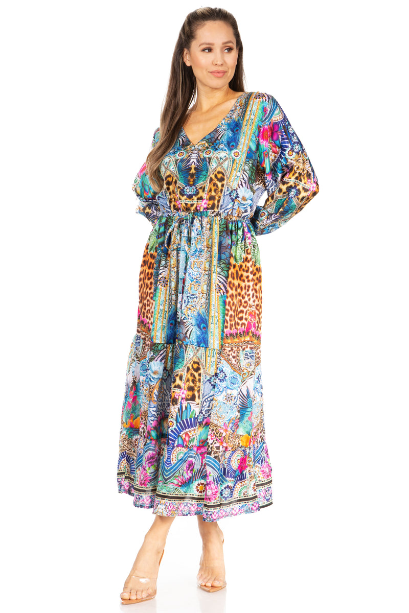 Sakkas Katty Women's V Neck Midi Casual Boho Maxi Long Sleeve Dress Floral Print