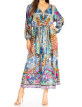 Sakkas Katty Women's V Neck Midi Casual Boho Maxi Long Sleeve Dress Floral Print#color_556-Multi